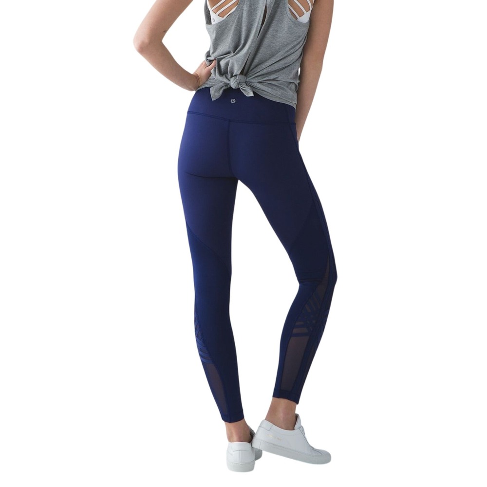 Lululemon High Times Pant Mesh Lattice Strappy Leggings Navy Blue SIZE 4